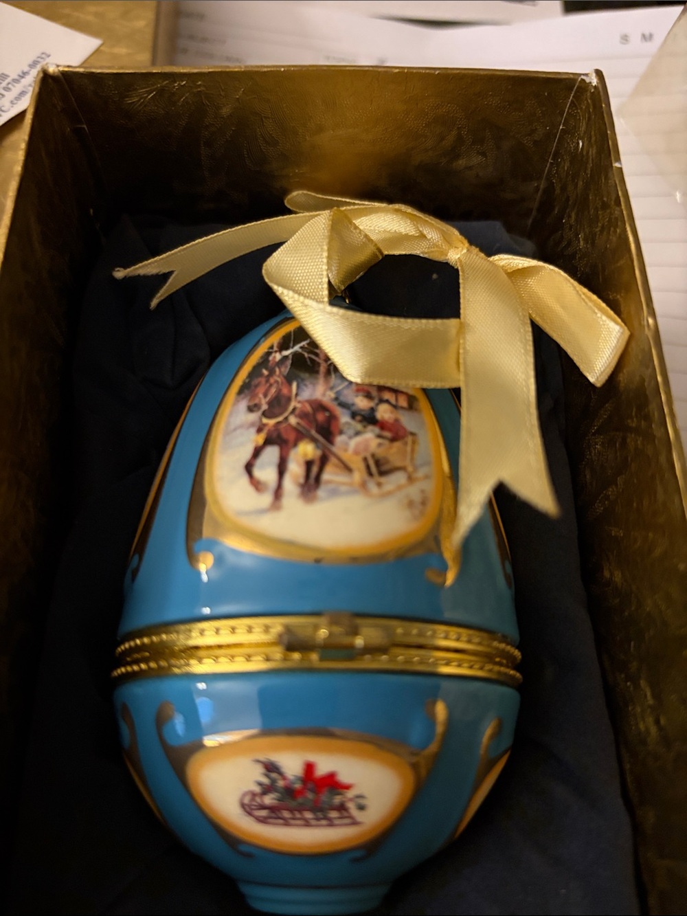 Mr Christmas trinket box/ musical egg ornament blue & gold by Valerie Pare Hill.